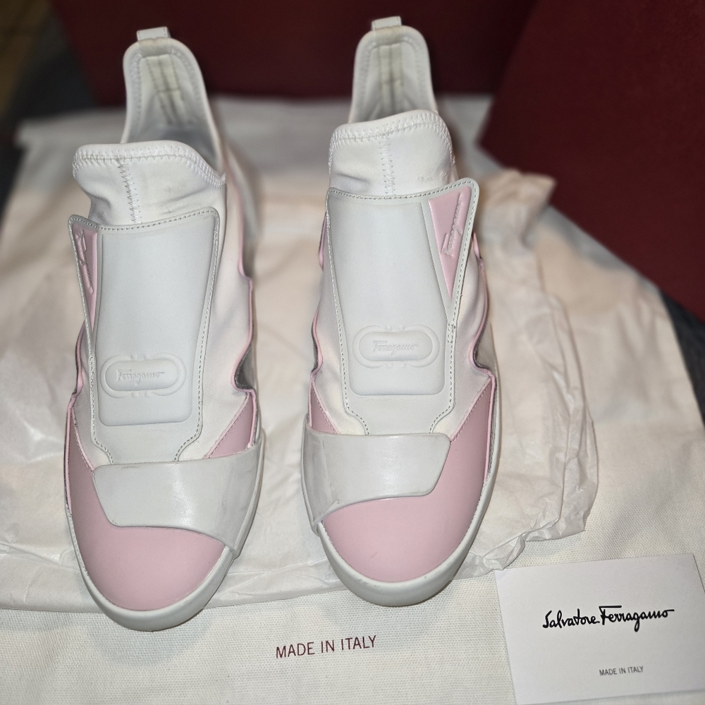 Ferragamo Nile Neoprene leather women's Sock sneakers Pink and white 8.5/ 39